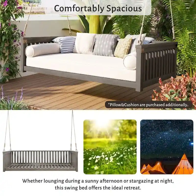 Patio Minimalist Twin Size Garden Swing Bed Wood Porch Swing with Ropes for Backyard
