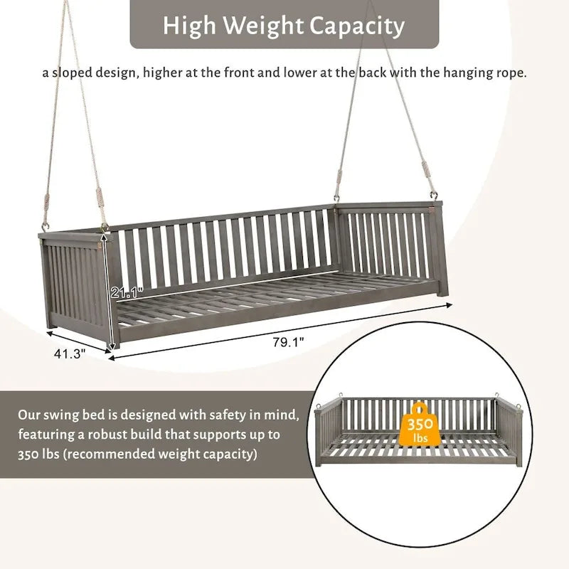 Patio Minimalist Twin Size Garden Swing Bed Wood Porch Swing with Ropes for Backyard