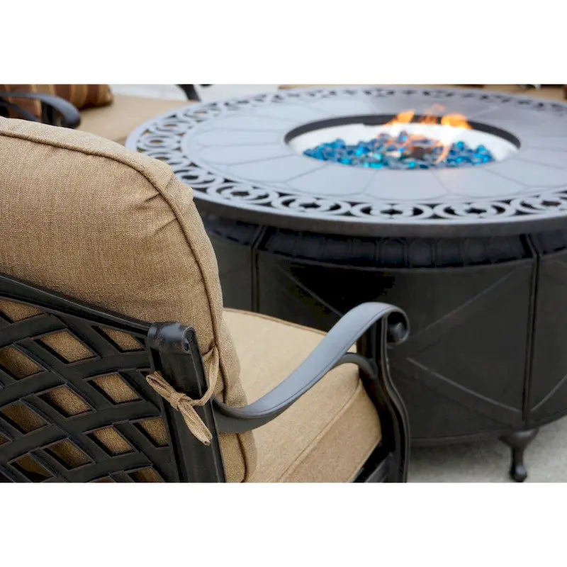 Nassau 4-Piece Patio Propane Fire Pit Sofa Conversation Set with Cushions and 47 Round Fire Pit Chat Table and Fireglass