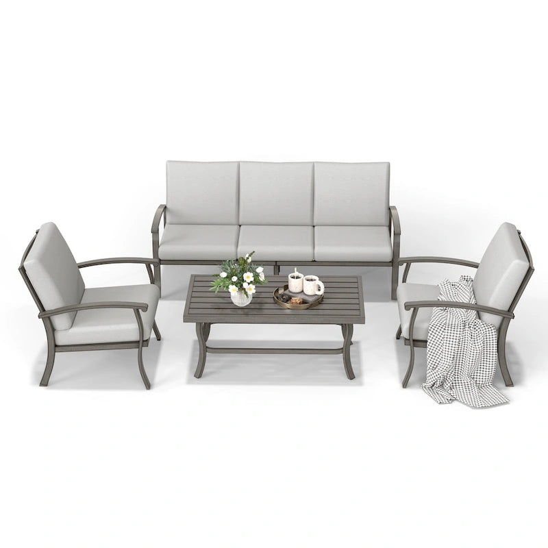 5-Person Aluminum Patio Conversation Set with Coffee Table, Sofa and Light Gray Cushions