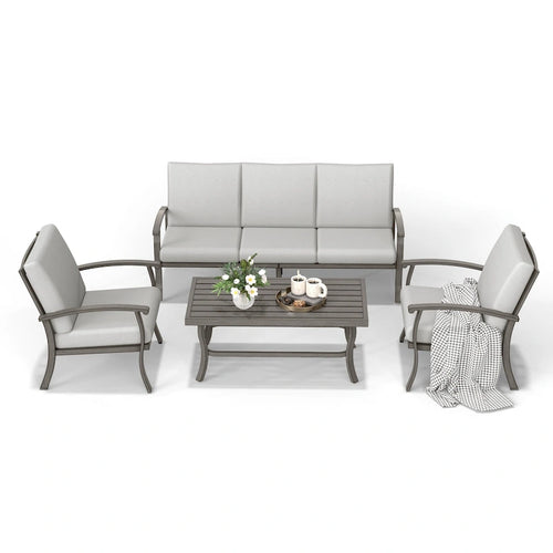 5-Person Aluminum Patio Conversation Set with Coffee Table, Sofa and Light Gray Cushions