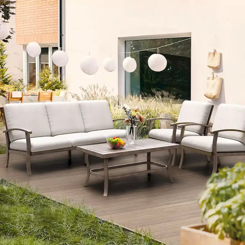 5-Person Aluminum Patio Conversation Set with Coffee Table, Sofa and Light Gray Cushions