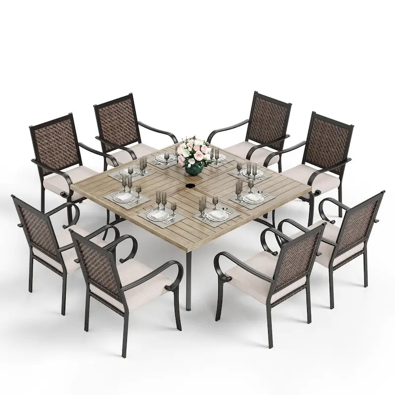 MAISON ARTS 9-Piece Patio Dining Set, 60 Inch Square Metal Table and 8 Rattan Chairs with Cushions