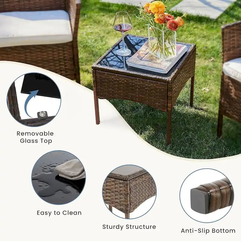 3 Pieces Patio Set Outdoor Wicker Furniture Sets Modern Rattan Chair Conversation Sets with Coffee Table for Yard and Bistro