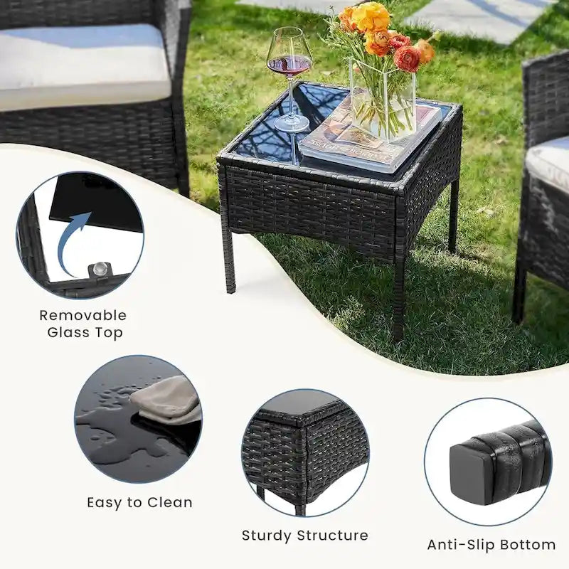 3 Pieces Patio Set Outdoor Wicker Furniture Sets Modern Rattan Chair Conversation Sets with Coffee Table for Yard and Bistro