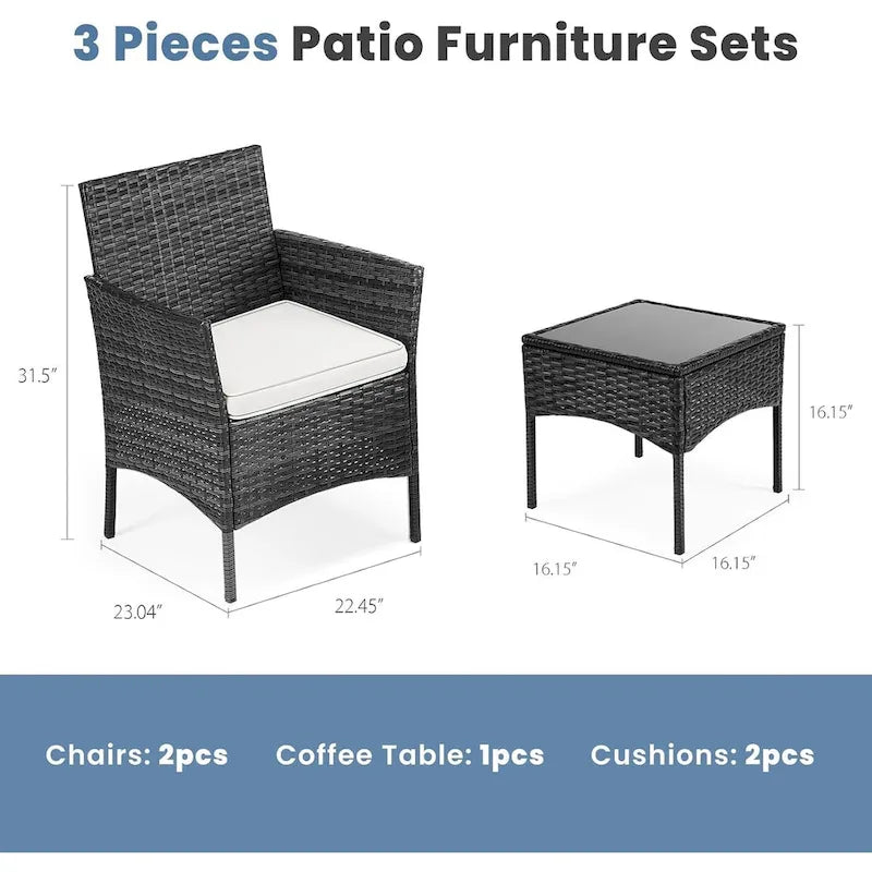3 Pieces Patio Set Outdoor Wicker Furniture Sets Modern Rattan Chair Conversation Sets with Coffee Table for Yard and Bistro