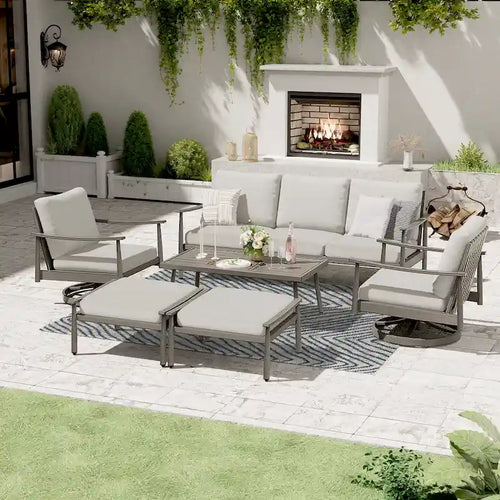 6-Person Aluminum Patio Conversation Set with 2 Swivel Chairs, 3-Seat Outdoor Couch and Coffee Table