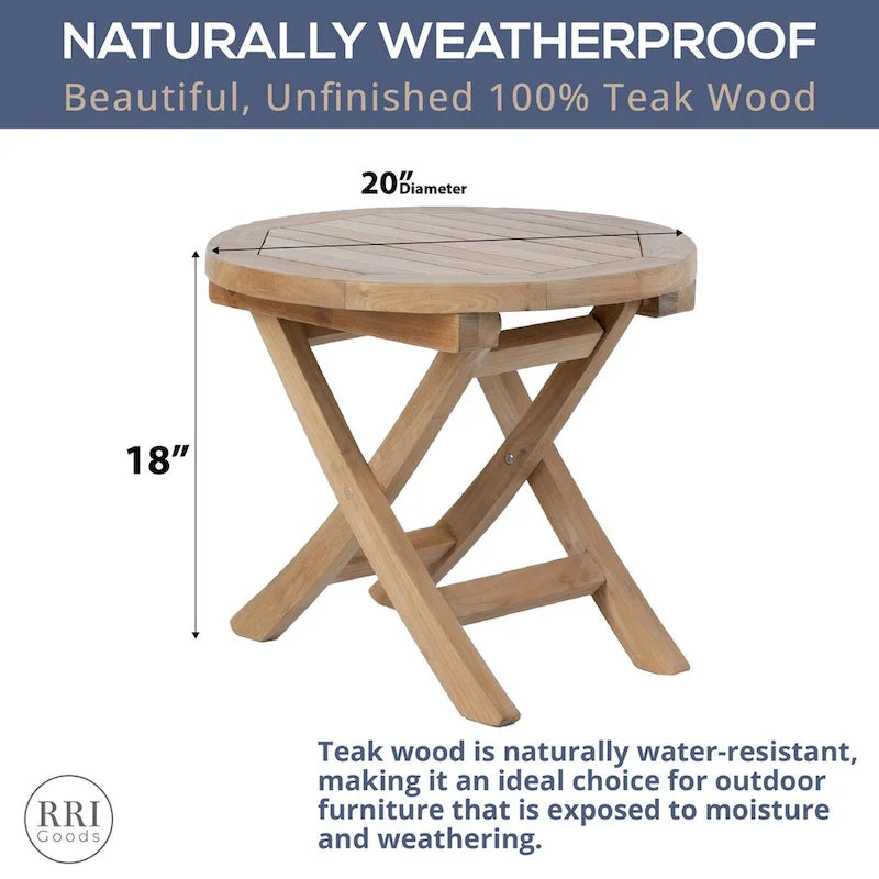 RRI Goods Teak Wood Folding 20-Inch Round Outdoor Coffee Table Perfect for Outdoor Backyard, Front Porch, Balcony