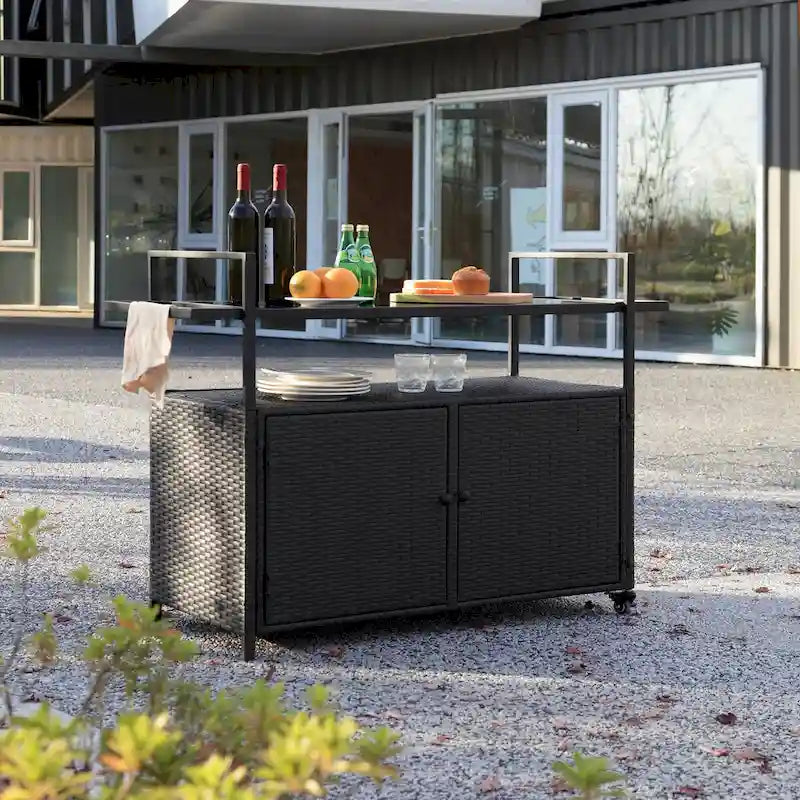 Outdoor Wicker Patio Wine Serving Cart with Wheels,Glass Top for Porch Backyard Garden Poolside Party