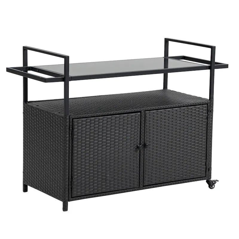 Outdoor Wicker Patio Wine Serving Cart with Wheels,Glass Top for Porch Backyard Garden Poolside Party