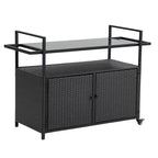 Outdoor Wicker Patio Wine Serving Cart with Wheels,Glass Top for Porch Backyard Garden Poolside Party
