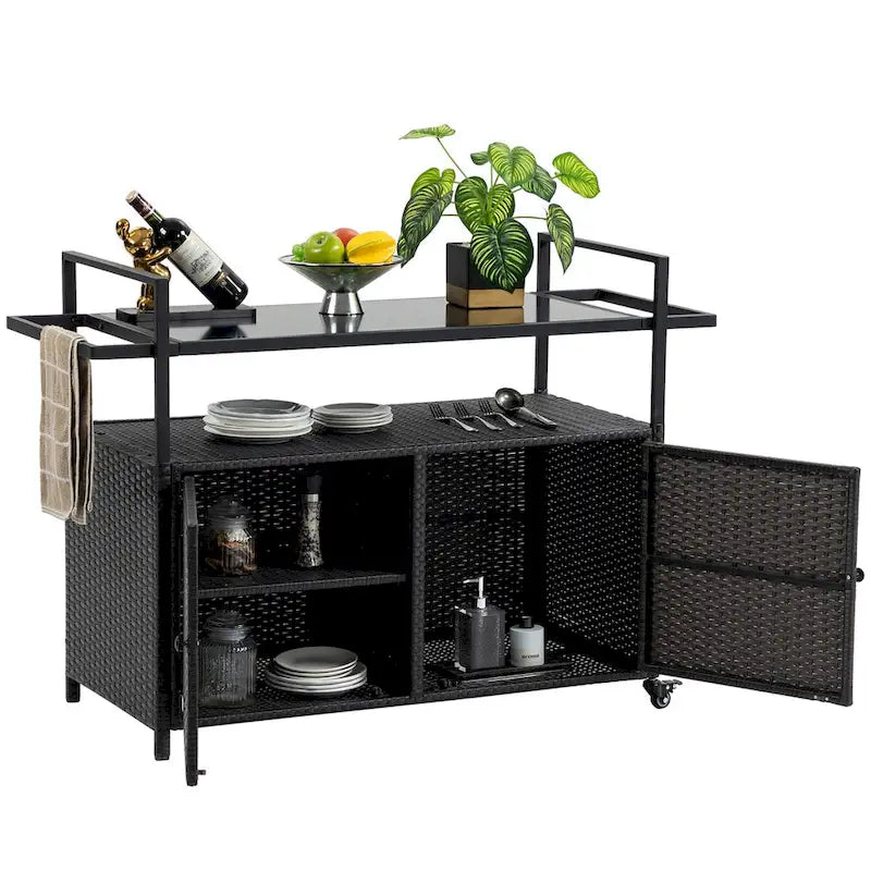 Outdoor Wicker Patio Wine Serving Cart with Wheels,Glass Top for Porch Backyard Garden Poolside Party