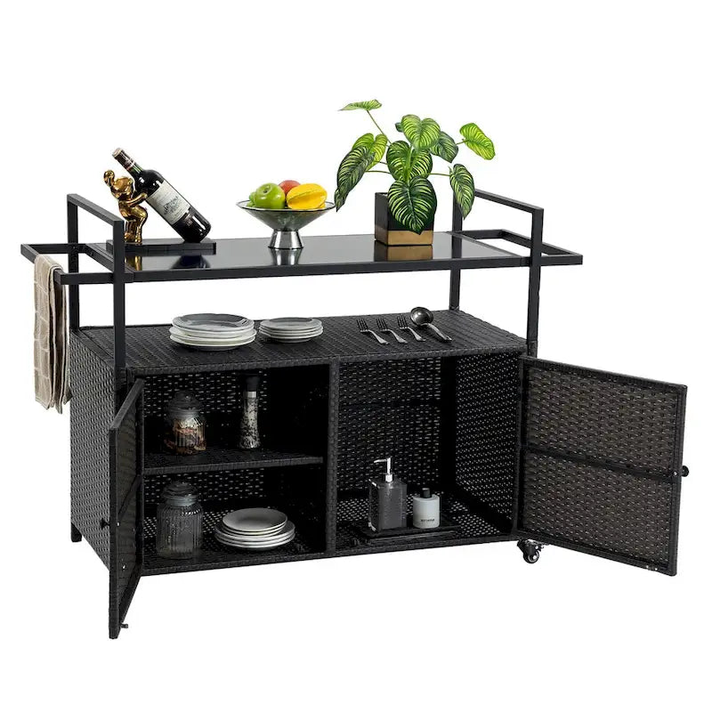 Outdoor Wicker Patio Wine Serving Cart with Wheels,Glass Top for Porch Backyard Garden Poolside Party