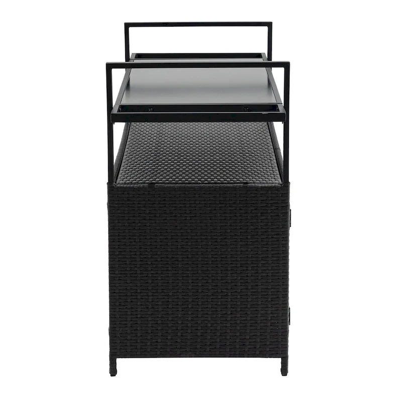 Outdoor Wicker Patio Wine Serving Cart with Wheels,Glass Top for Porch Backyard Garden Poolside Party