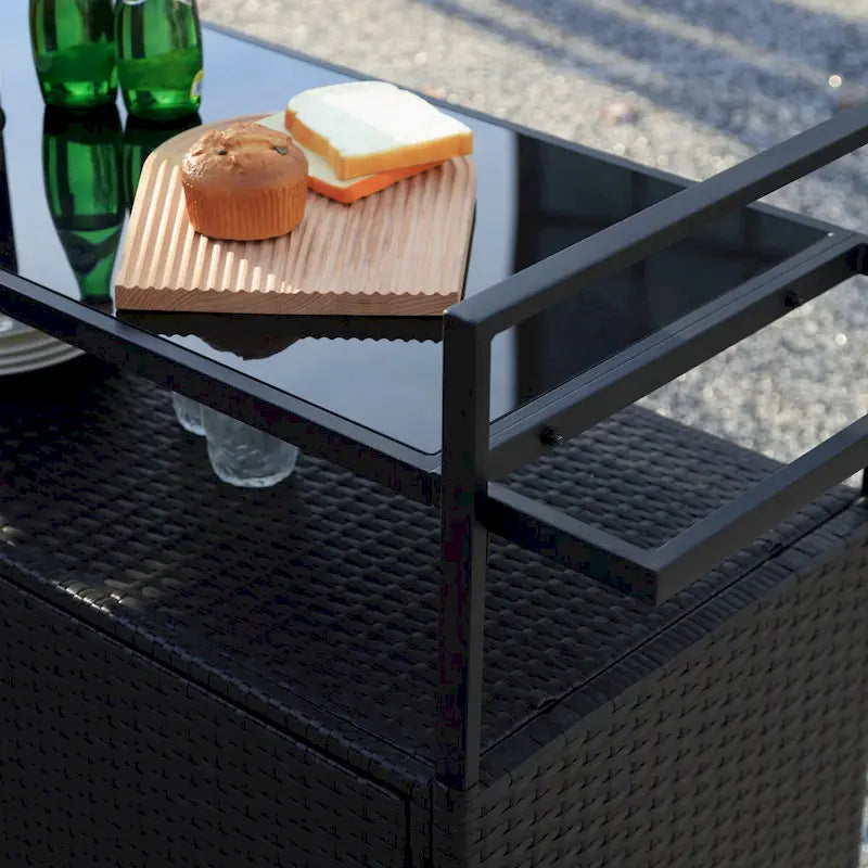 Outdoor Wicker Patio Wine Serving Cart with Wheels,Glass Top for Porch Backyard Garden Poolside Party