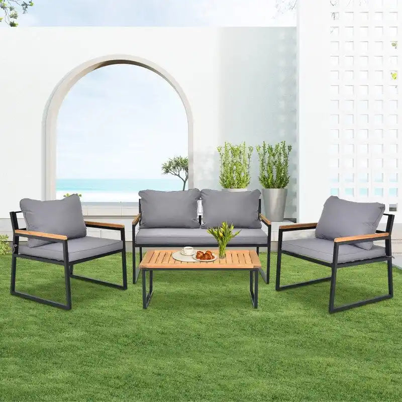 4 Piece Outdoor Patio Lounge Conversation Set Metal Frame with Acacia Wood - N/A