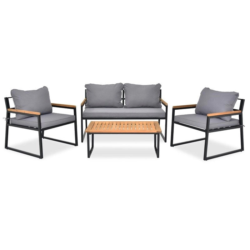 4 Piece Outdoor Patio Lounge Conversation Set Metal Frame with Acacia Wood - N/A