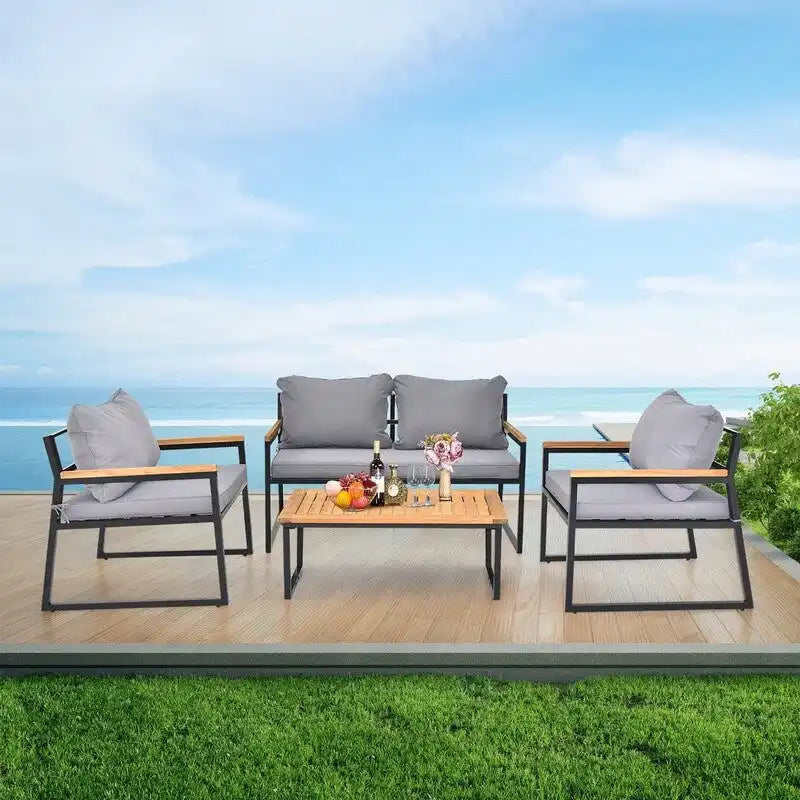 4 Piece Outdoor Patio Lounge Conversation Set Metal Frame with Acacia Wood - N/A
