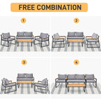 4 Piece Outdoor Patio Lounge Conversation Set Metal Frame with Acacia Wood - N/A