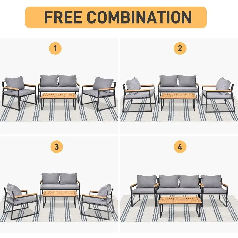 4 Piece Outdoor Patio Lounge Conversation Set Metal Frame with Acacia Wood - N/A