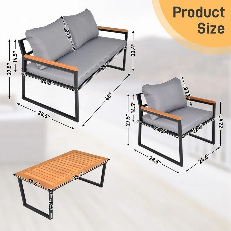 4 Piece Outdoor Patio Lounge Conversation Set Metal Frame with Acacia Wood - N/A