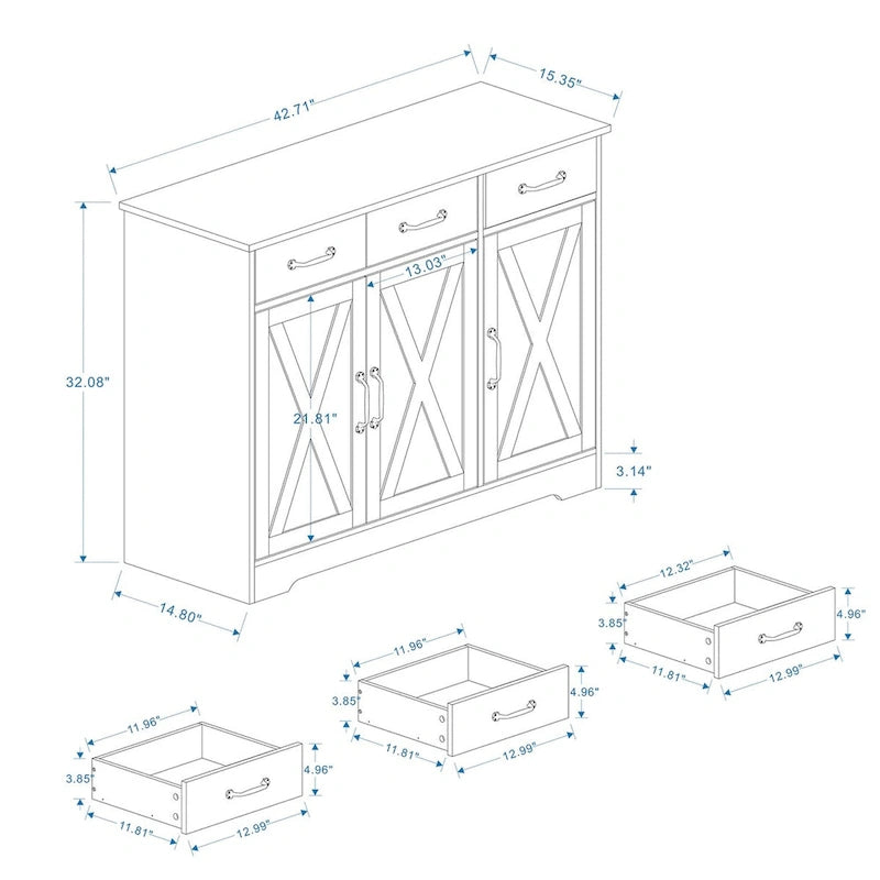 Storage buffet cabinet with 3 drawers and 3 doors