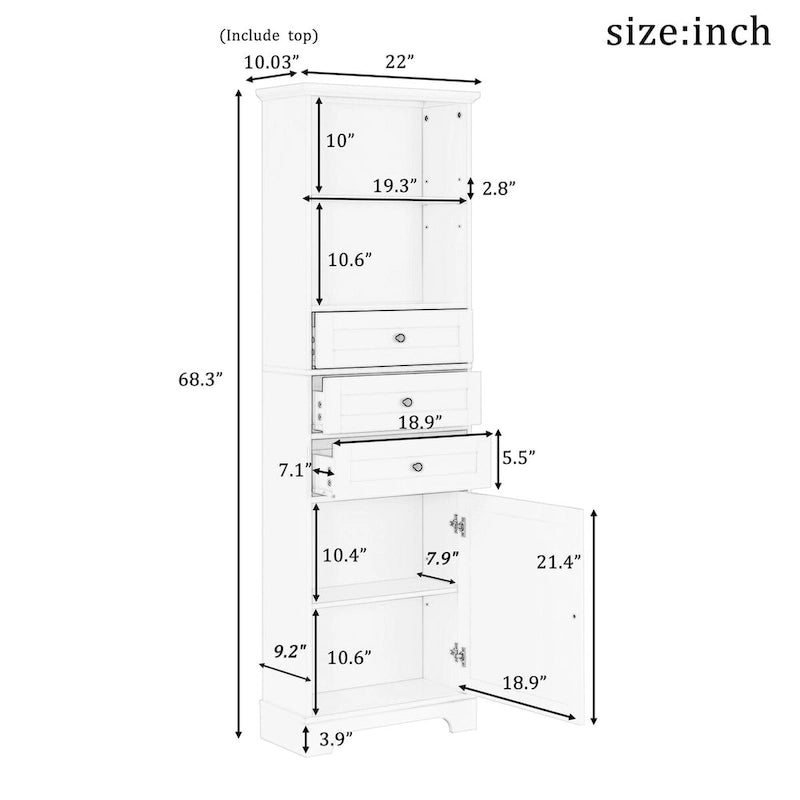 10 in. W x 22 in. D x 68.3 in. H White MDF Linen Cabinet with 3 Drawers and Adjustable Shelves