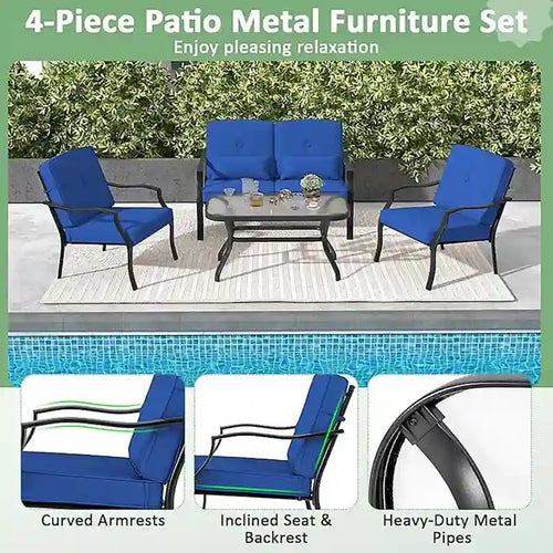 4 PCS Outdoor Patio Furniture Set Chair Coffee Table Cushioned Seat