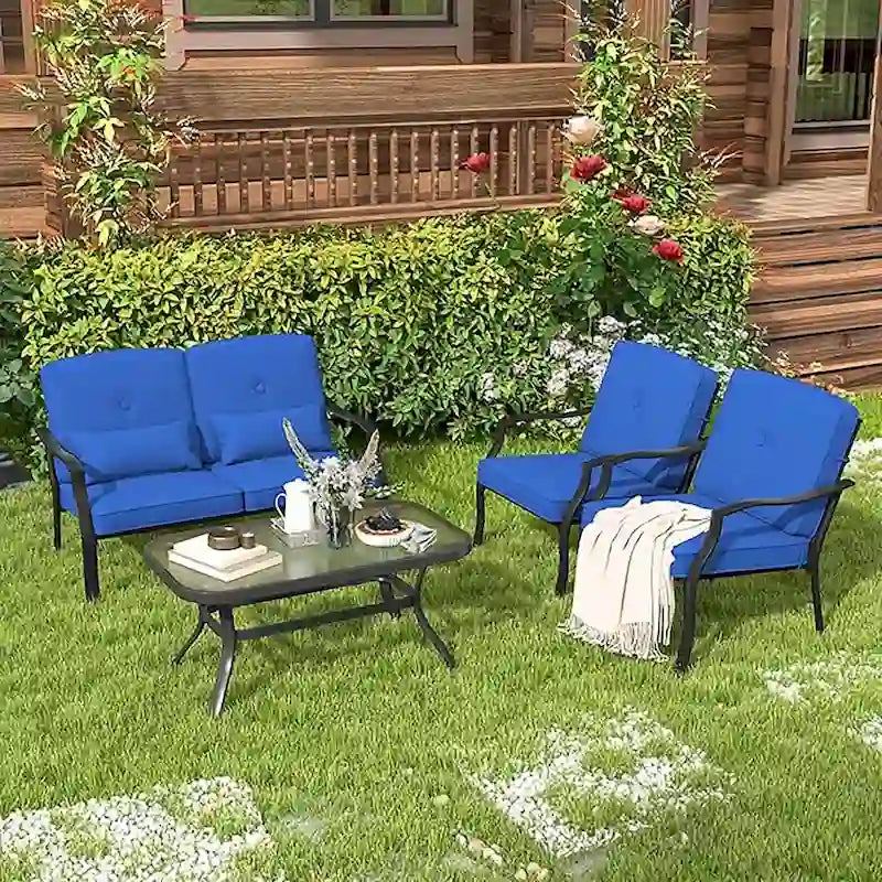 4 PCS Outdoor Patio Furniture Set Chair Coffee Table Cushioned Seat