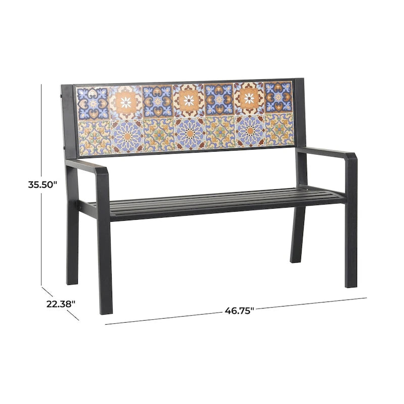 Metal Mosaic Floral and Scroll Patio Outdoor Bench with Orange & Blue or Blue & Teal Patterns -Black or White- Roche River Decor