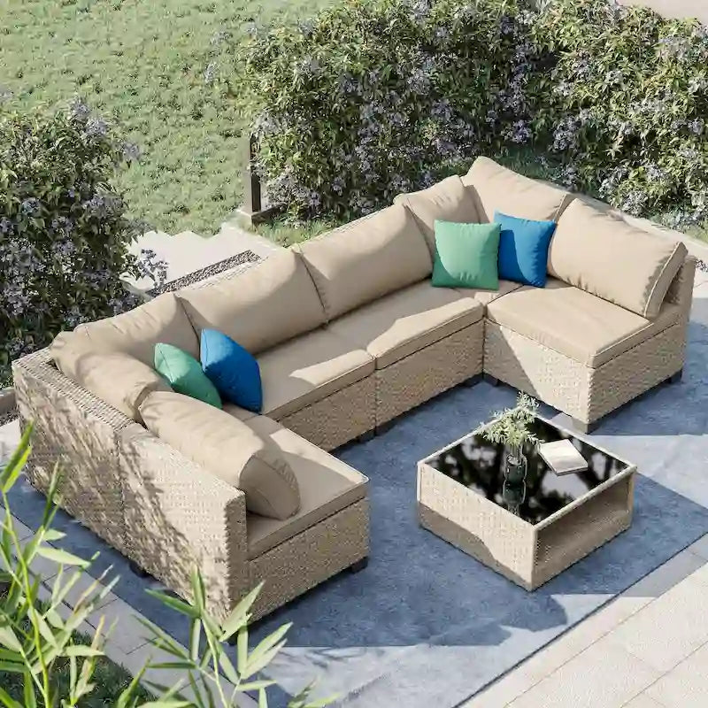7-Piece Patio Furniture Set, All-Weather Boho Outdoor Conversation Set Sectional Sofa with Water Resistant Thick Cushions