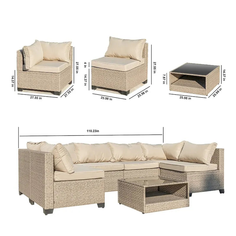 7-Piece Patio Furniture Set, All-Weather Boho Outdoor Conversation Set Sectional Sofa with Water Resistant Thick Cushions
