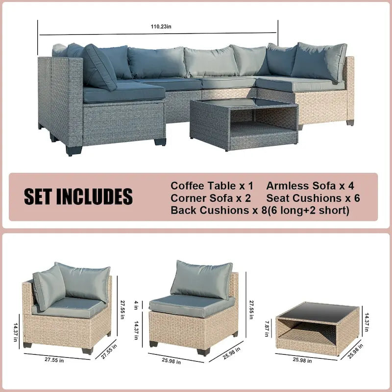 7-Piece Patio Furniture Set, All-Weather Boho Outdoor Conversation Set Sectional Sofa with Water Resistant Thick Cushions