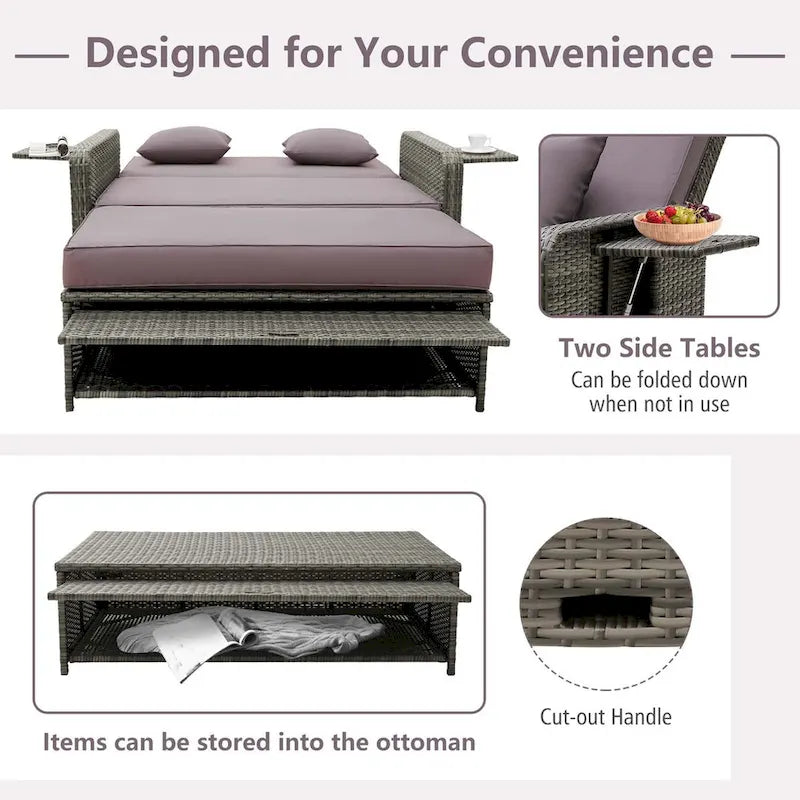 Patio Rattan Daybed Set Wicker Loveseat Sofa w/ Ottoman & Side Tray