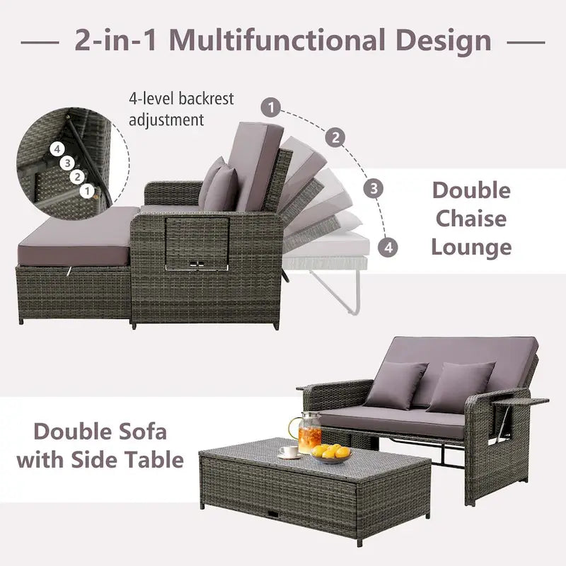 Patio Rattan Daybed Set Wicker Loveseat Sofa w/ Ottoman & Side Tray