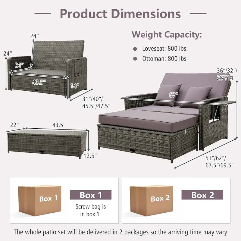 Patio Rattan Daybed Set Wicker Loveseat Sofa w/ Ottoman & Side Tray