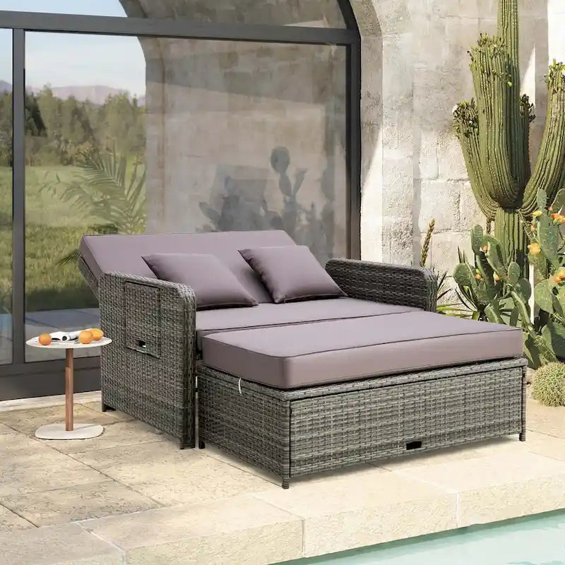 Patio Rattan Daybed Set Wicker Loveseat Sofa w/ Ottoman & Side Tray