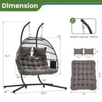 EROMMY Hanging Egg Chair with Stand, Portable Indoor/Outdoor Swing Chair with Cushion and Pillow, Wicker Patio Swing,Grey