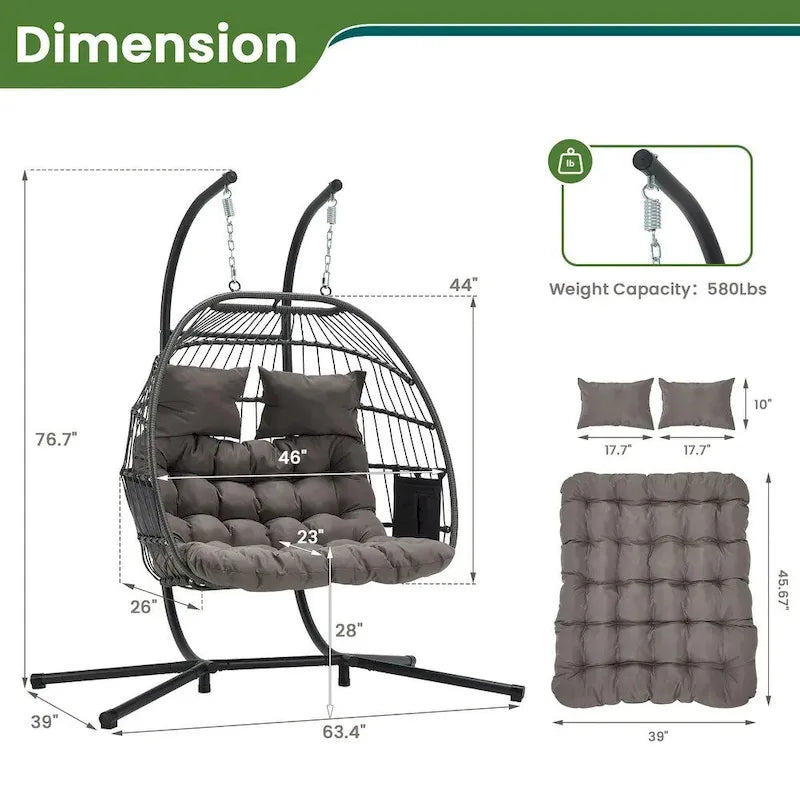 EROMMY Hanging Egg Chair with Stand, Portable Indoor/Outdoor Swing Chair with Cushion and Pillow, Wicker Patio Swing,Grey