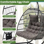 EROMMY Hanging Egg Chair with Stand, Portable Indoor/Outdoor Swing Chair with Cushion and Pillow, Wicker Patio Swing,Grey