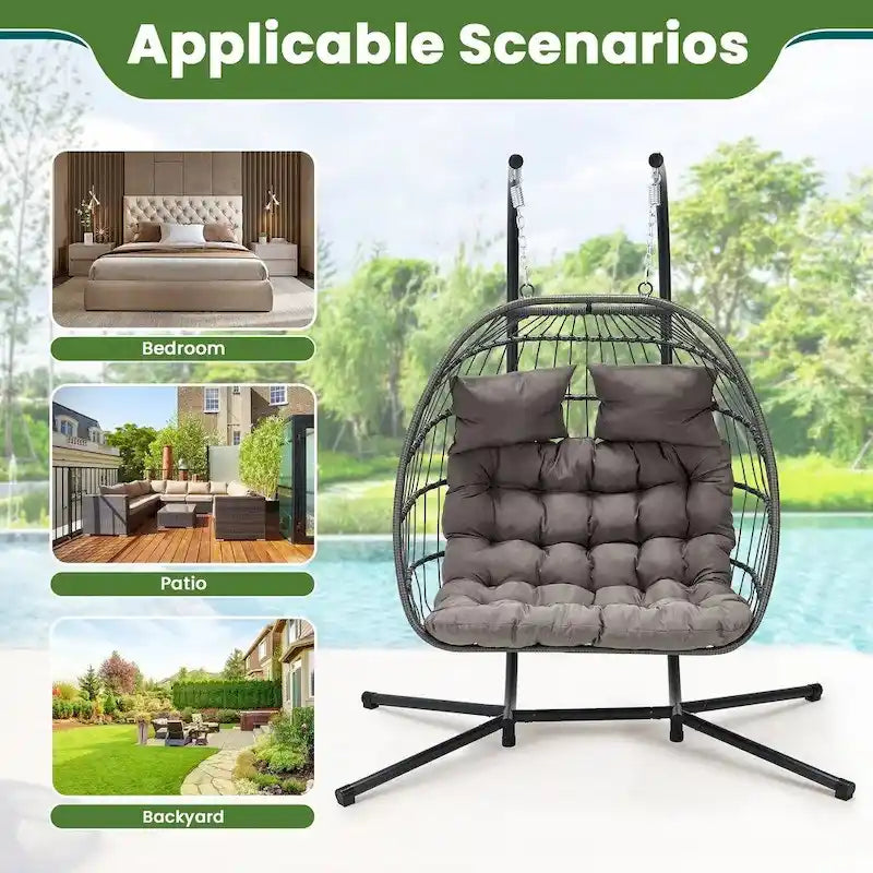 EROMMY Hanging Egg Chair with Stand, Portable Indoor/Outdoor Swing Chair with Cushion and Pillow, Wicker Patio Swing,Grey