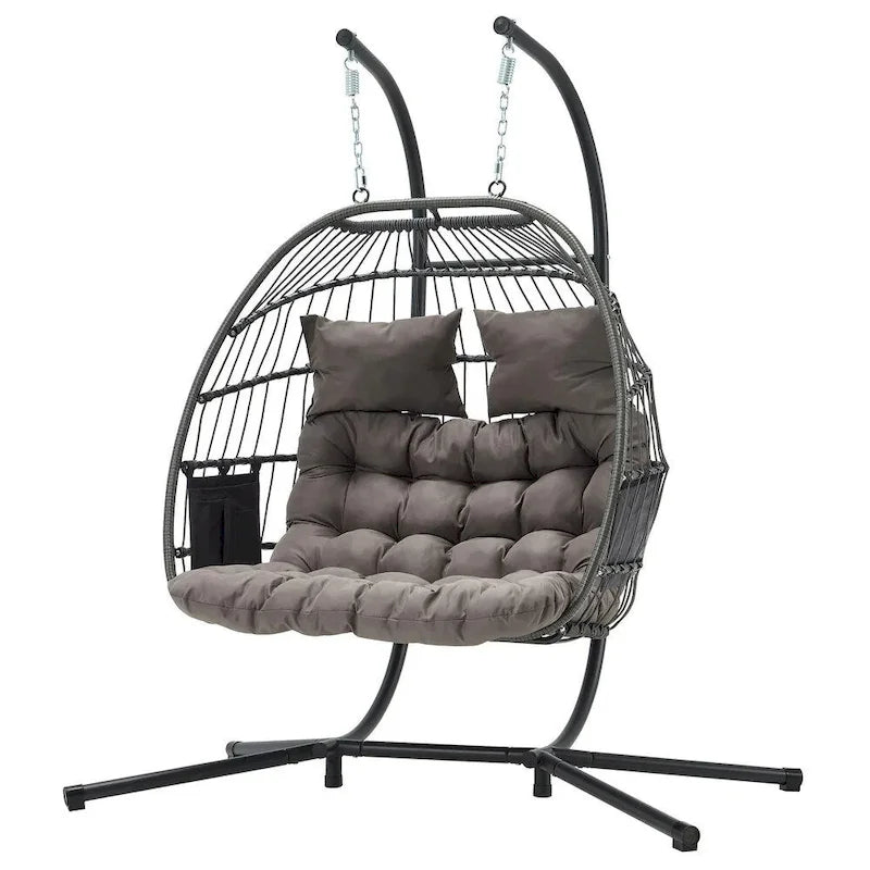 EROMMY Hanging Egg Chair with Stand, Portable Indoor/Outdoor Swing Chair with Cushion and Pillow, Wicker Patio Swing,Grey