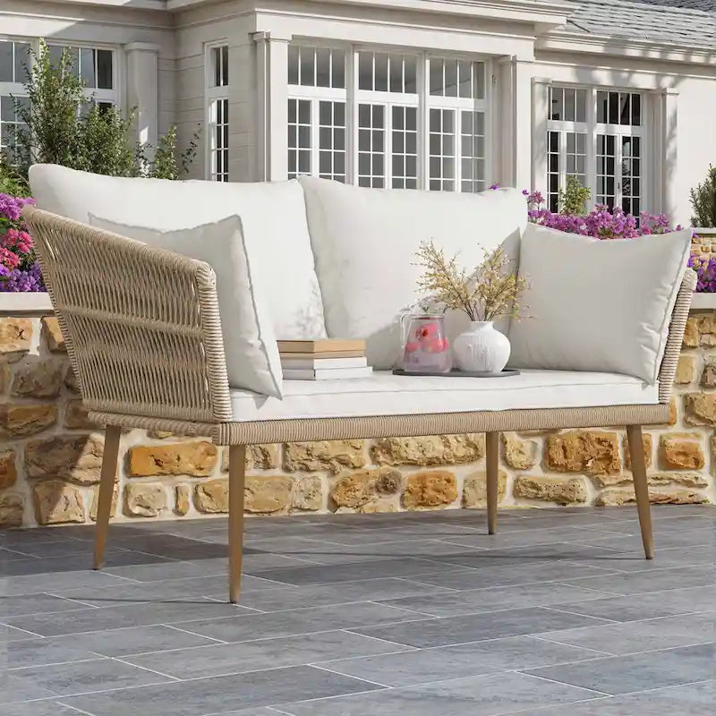 Moasis Outdoor Patio Loveseat, All-Weather Rattan 2 Seater Sofa with Cushions & Lumbar Pillows