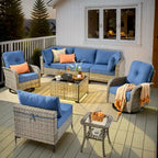 OVIOS 8 Pieces Outdoor Wicker Swivel Chair Set With Solar-Powered Coffee Table