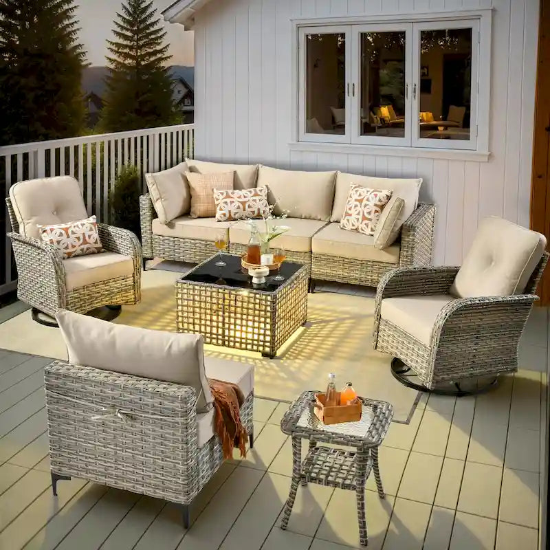 OVIOS 8 Pieces Outdoor Wicker Swivel Chair Set With Solar-Powered Coffee Table