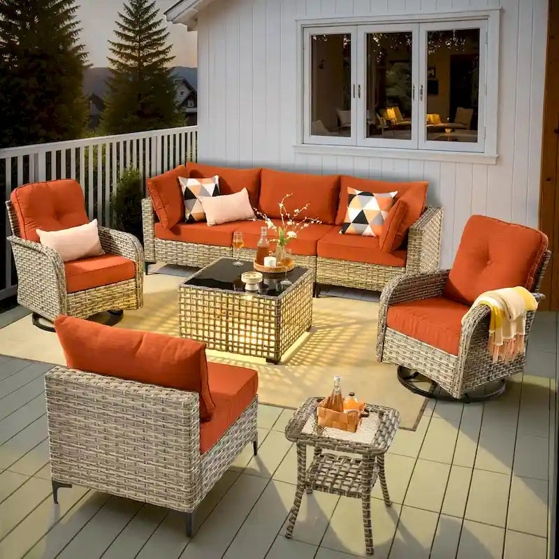 OVIOS 8 Pieces Outdoor Wicker Swivel Chair Set With Solar-Powered Coffee Table