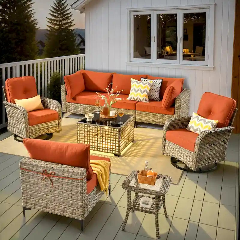 OVIOS 8 Pieces Outdoor Wicker Swivel Chair Set With Solar-Powered Coffee Table