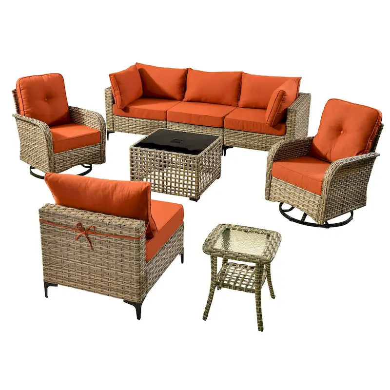 OVIOS 8 Pieces Outdoor Wicker Swivel Chair Set With Solar-Powered Coffee Table