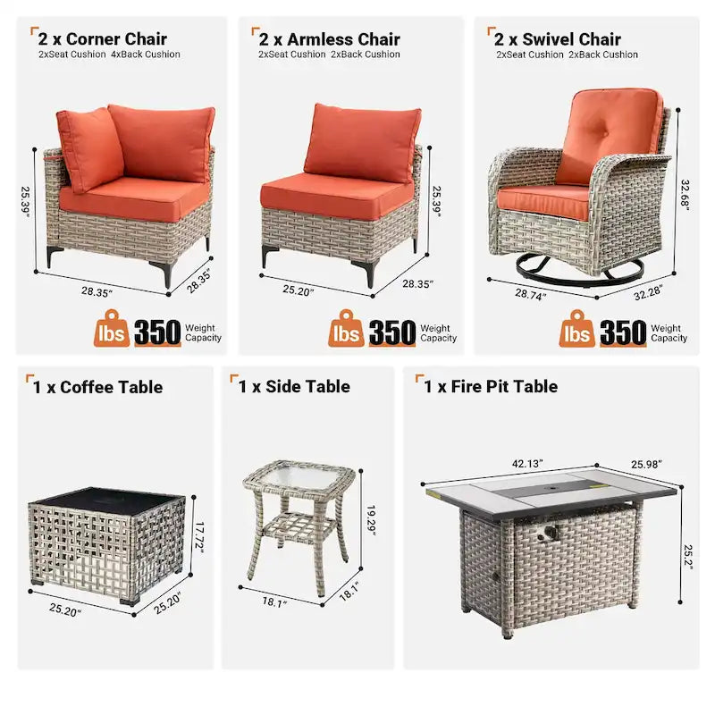 OVIOS 8 Pieces Outdoor Wicker Swivel Chair Set With Solar-Powered Coffee Table