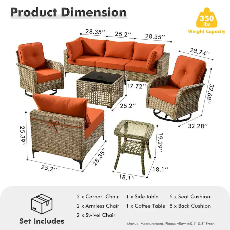 OVIOS 8 Pieces Outdoor Wicker Swivel Chair Set With Solar-Powered Coffee Table